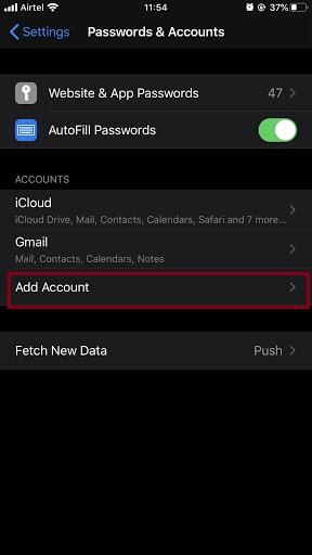 Add Account in iphone Password And Accounts Setting