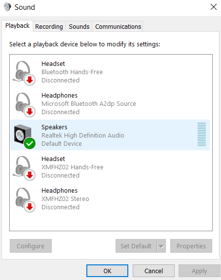 Control Panel speakers setting