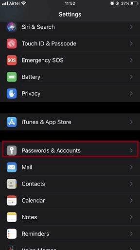 Go to iPhone Setting - Password and Accounts