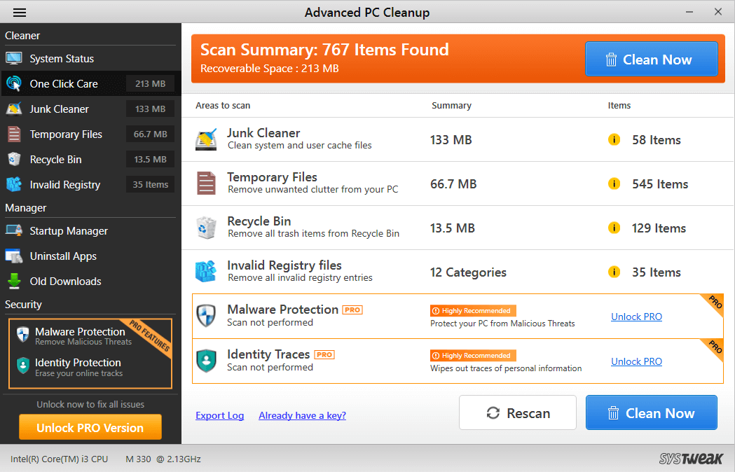 Advanced PC Cleanup Scan Results
