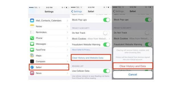 Clear cookies, cache, and history