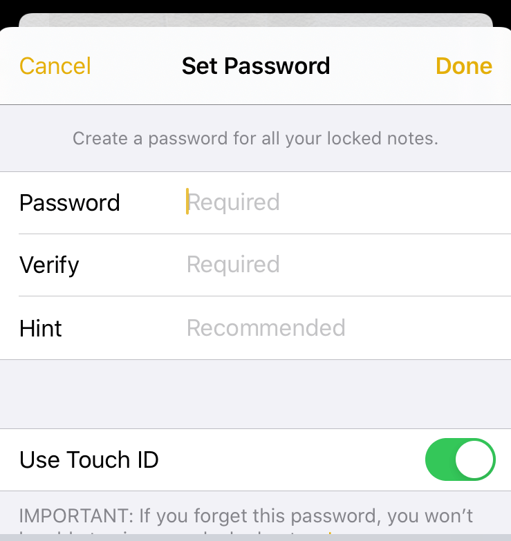 Enter Password to Lock Note