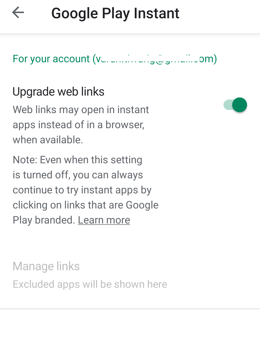 Google Play Instant screen toggle
