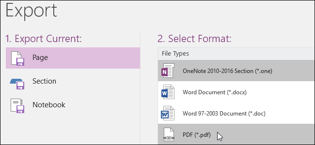 Microsoft OneNote Export page