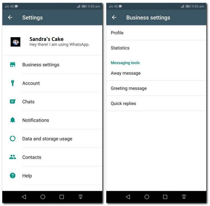 WhatsApp Business Settings Menu