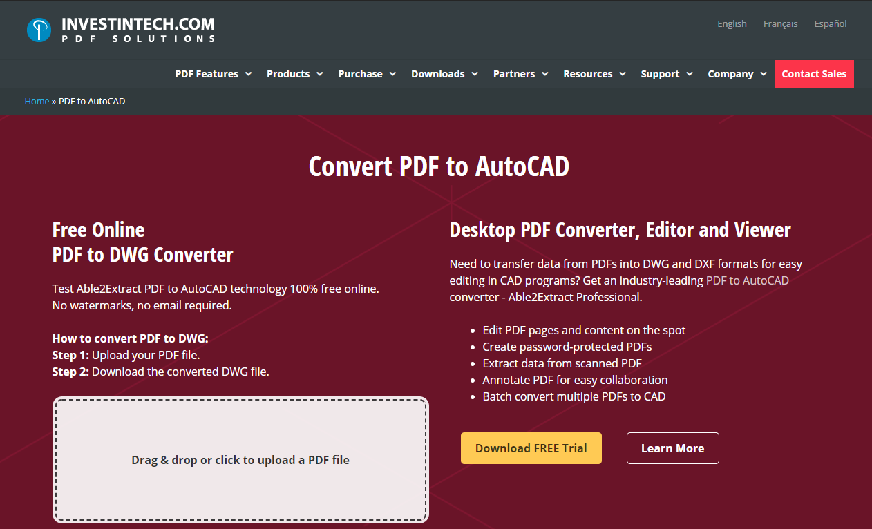 investintech PDF to DWG converter online