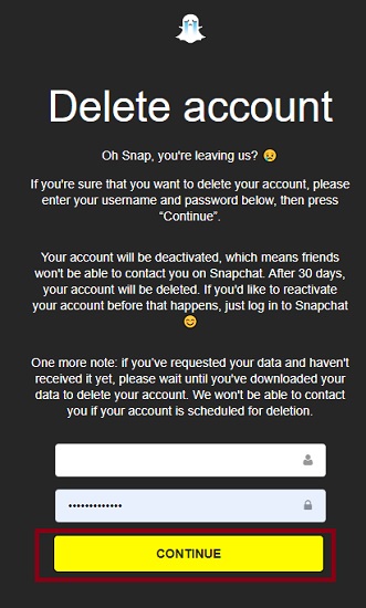 Continue deactivate snapchat account