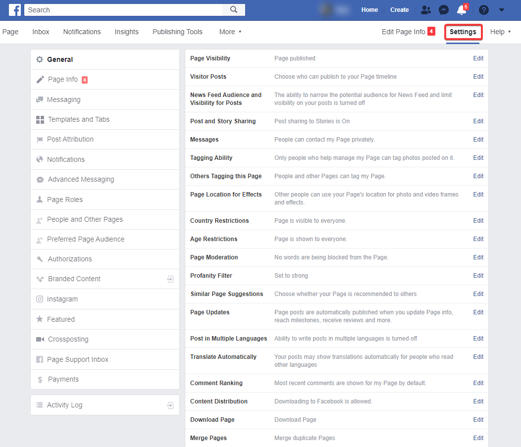 Customizable facebook business page edits