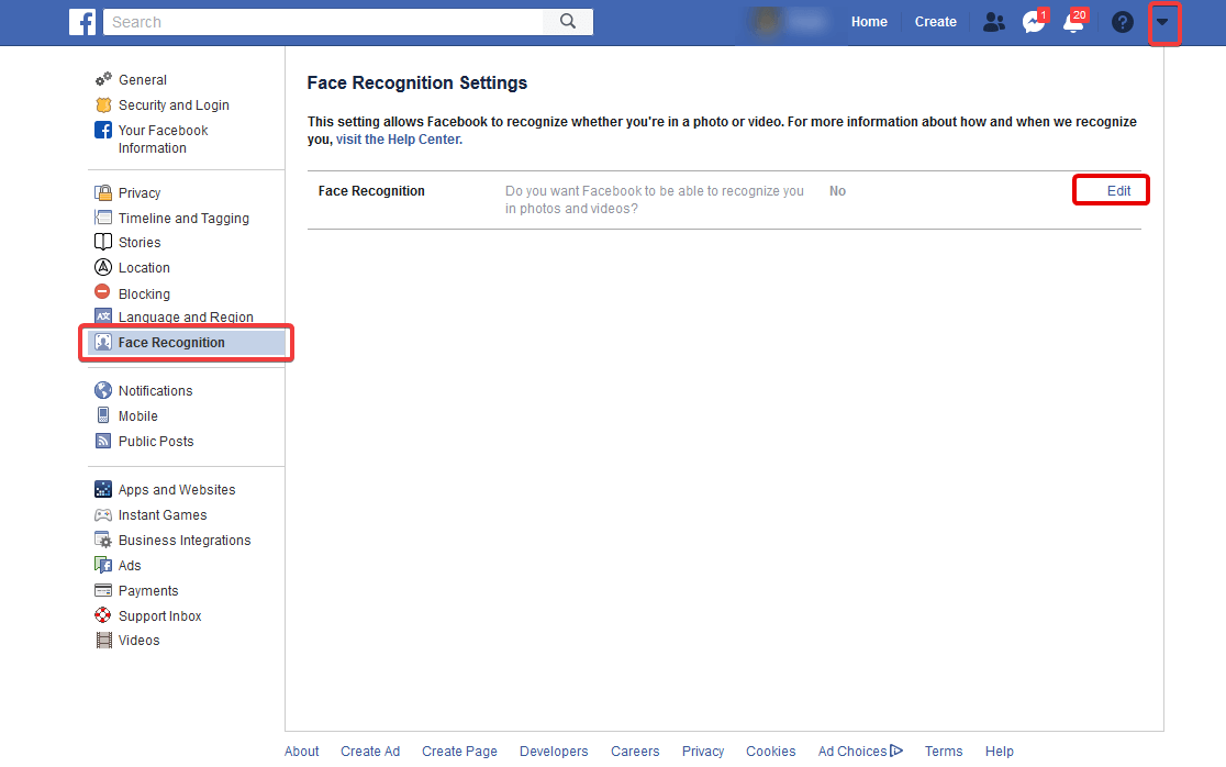Facebook face recognition settings