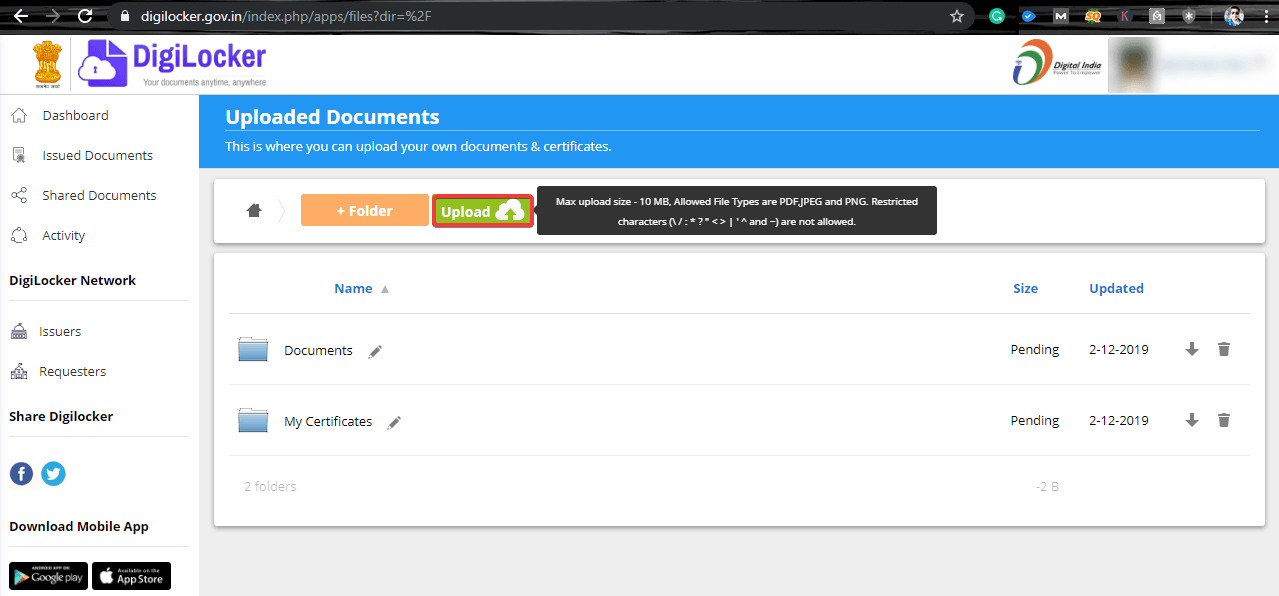 Upload documents on Digilocker