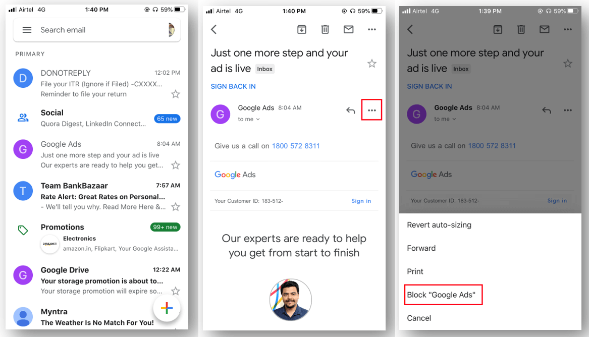 how to block emails on iPhone on gmail app settings