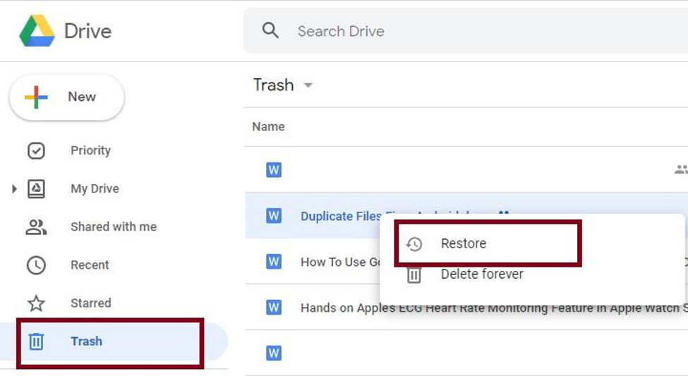 Google Drive Trash Restore Feature