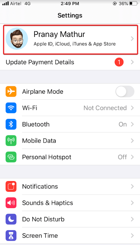 Click on name to open Apple ID