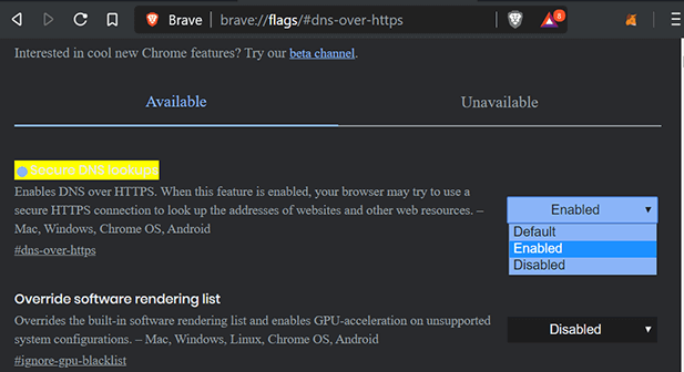 Enable DNS over HTTPS in Brave