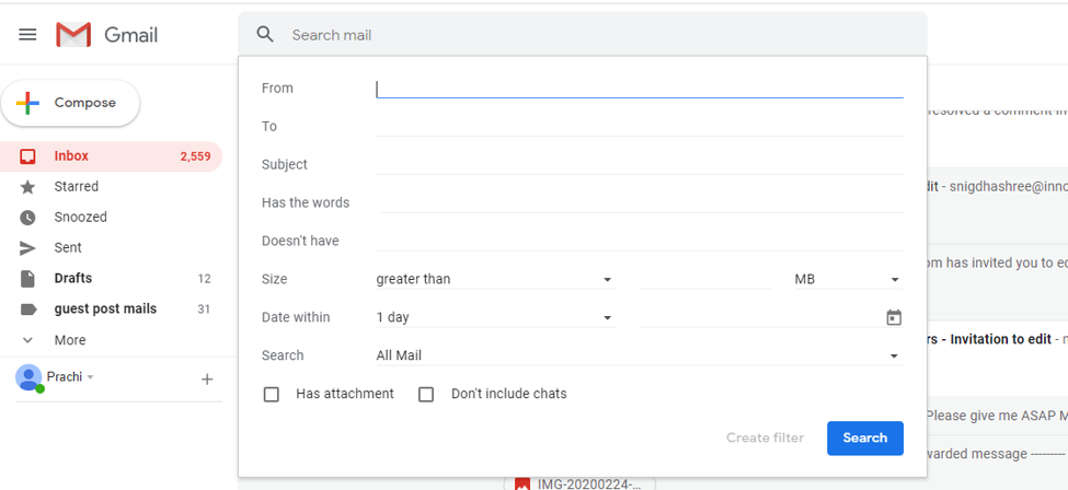 Advanced Option at Gmail Searchbox