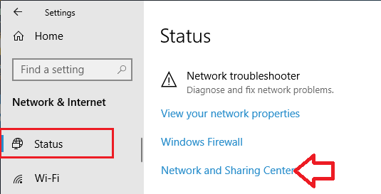 Network and Sharing Center option