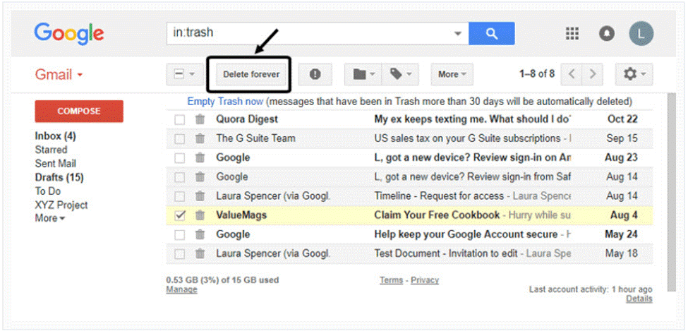 Select Delete Forever in Gmail Trash