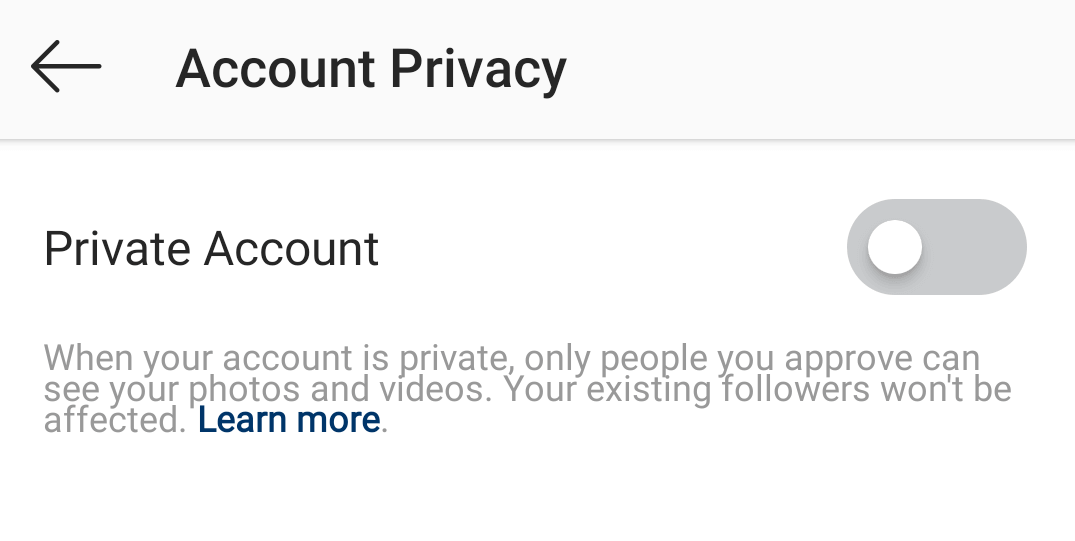 Toggle on Private Account Button