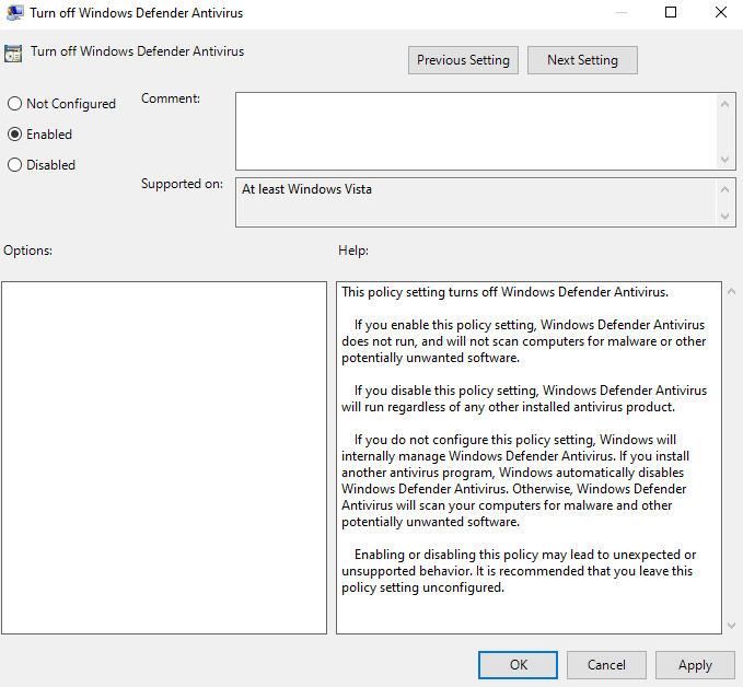 Turn off Windows Defender Antivirus