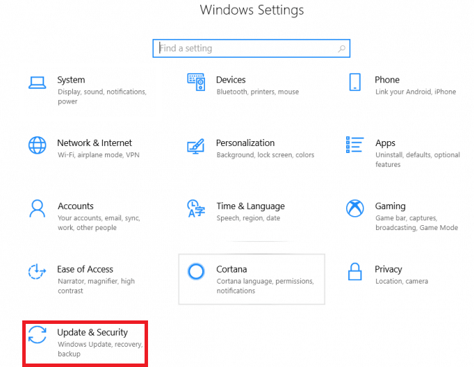 Open Update & Security Option on Windows