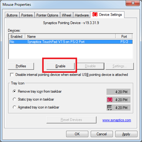 Enable touchpad in mouse properties