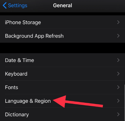 Select Language and Region on iphone setting