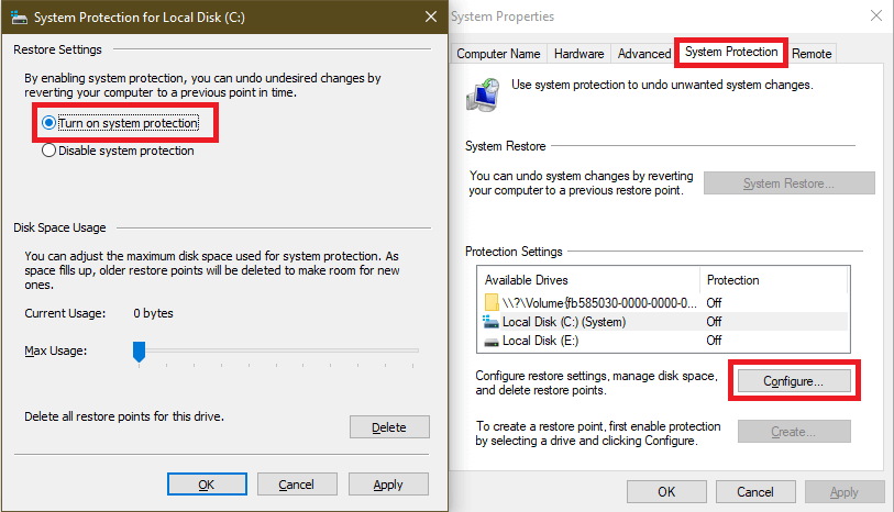 Enable system restore in Windows 10