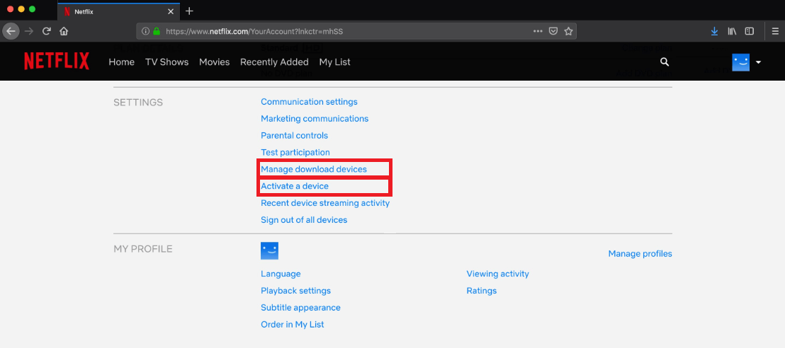 Manage Download Device under Setting Section on Netflix