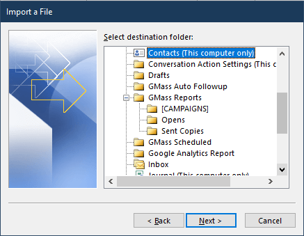 Outlook destination folder