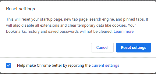 Reset setting of Chrome