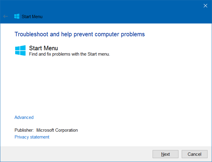 Start menu option