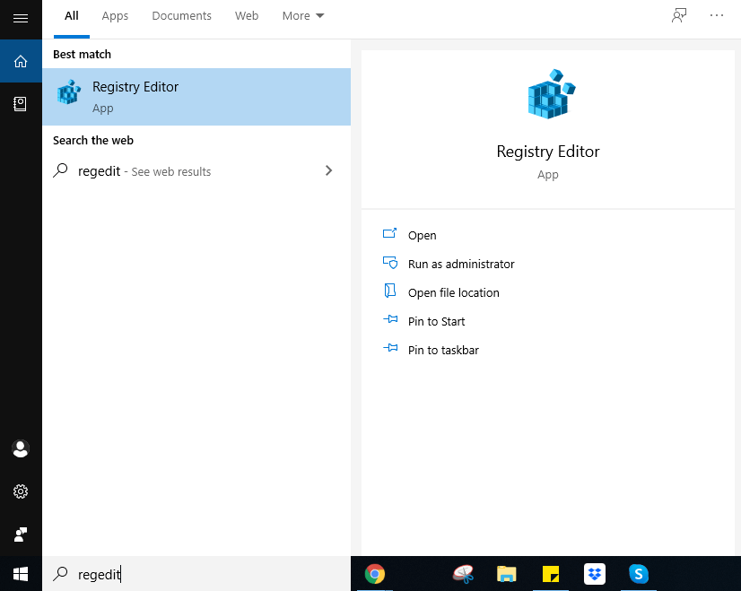 Use The Good Ole Search to access Registry Editor