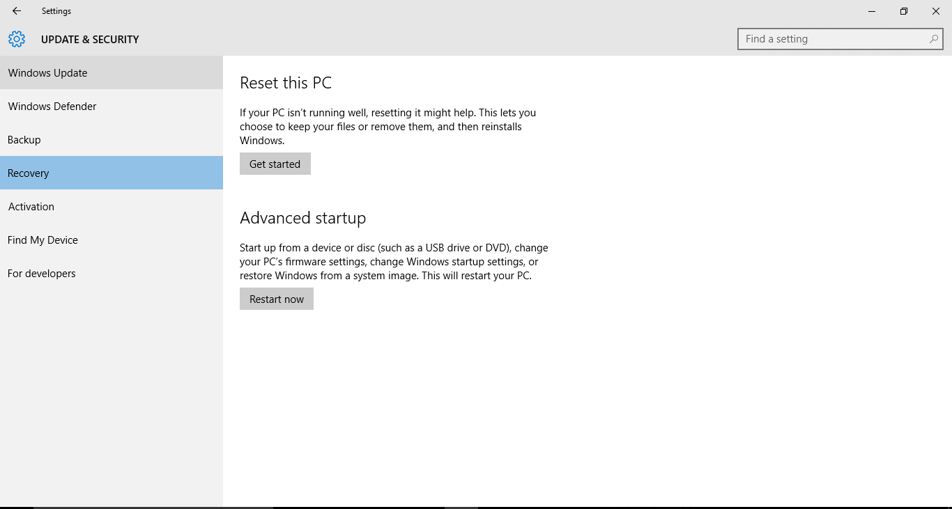 Windows recovery option