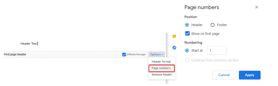 add page numbers in Google Docs