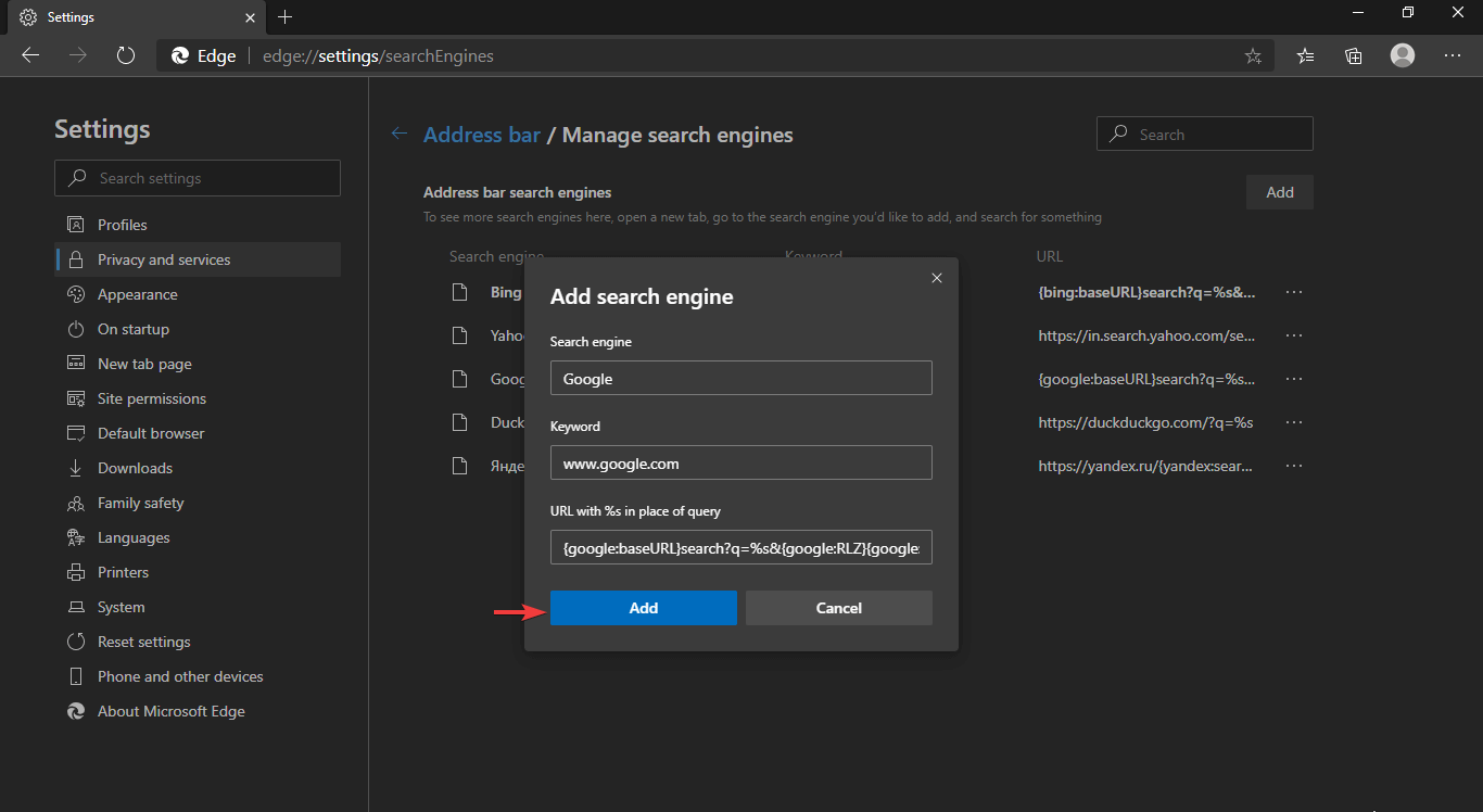 Bar, manage search engines