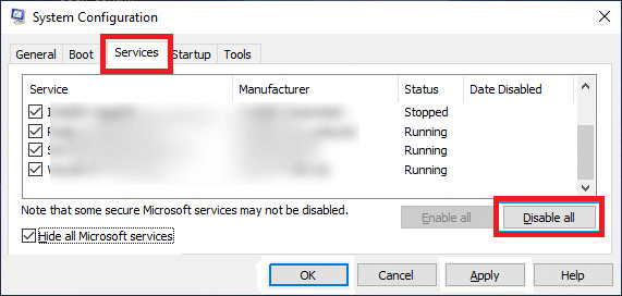 System Configuration windows Services