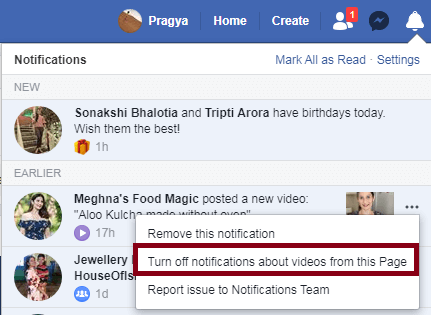 Turn Off notifications about videos from this page