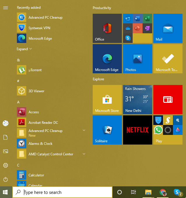 start menu windows 10