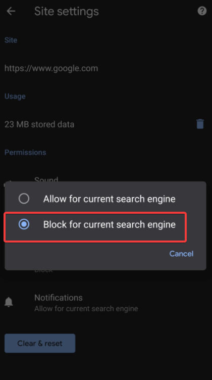 Block for current search engine