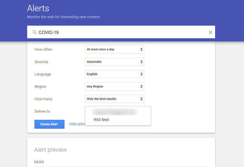 Google Alerts on RSS feed