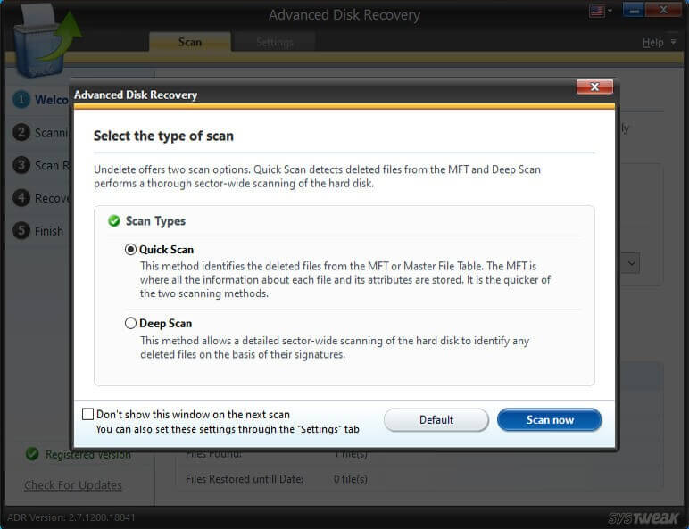 Select Scan Type- advanced Disk Recovery