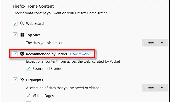 Uncheck Recommended By Pocket