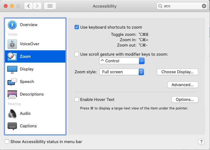 Checkbox of use keyboard shortcuts to Zoom