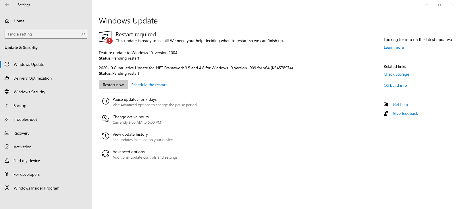 Check for update on windows settings