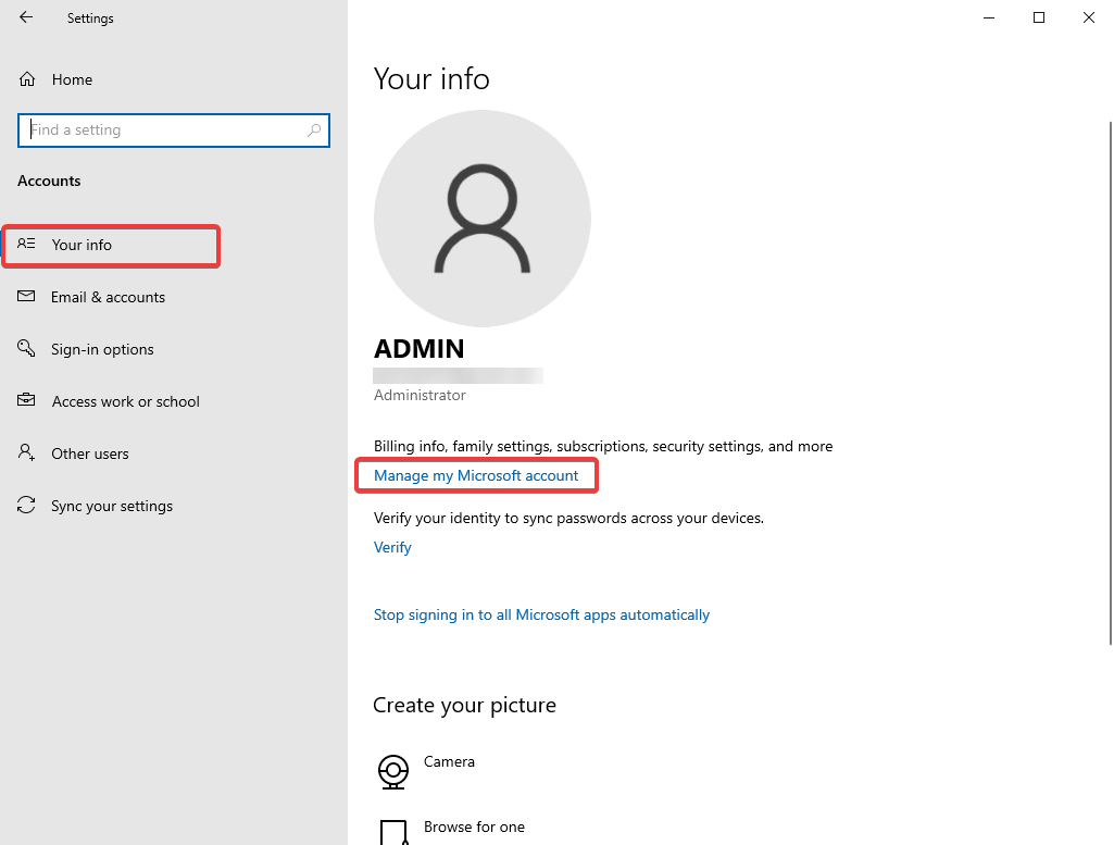 Go to Account Info - Manage My Microsoft Account