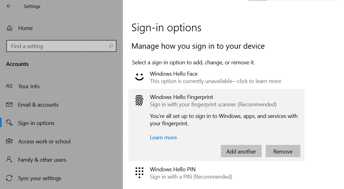 fingerprint in Windows 10