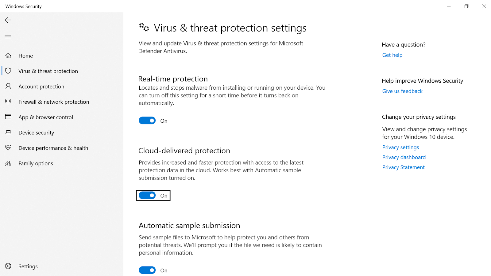 virus and threat protecting settings
