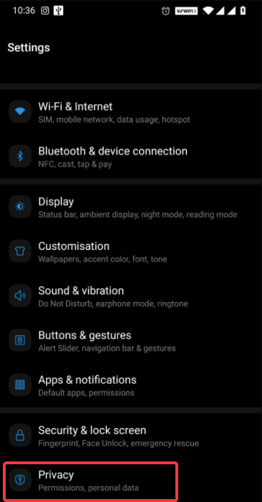 Go to the privacy of android