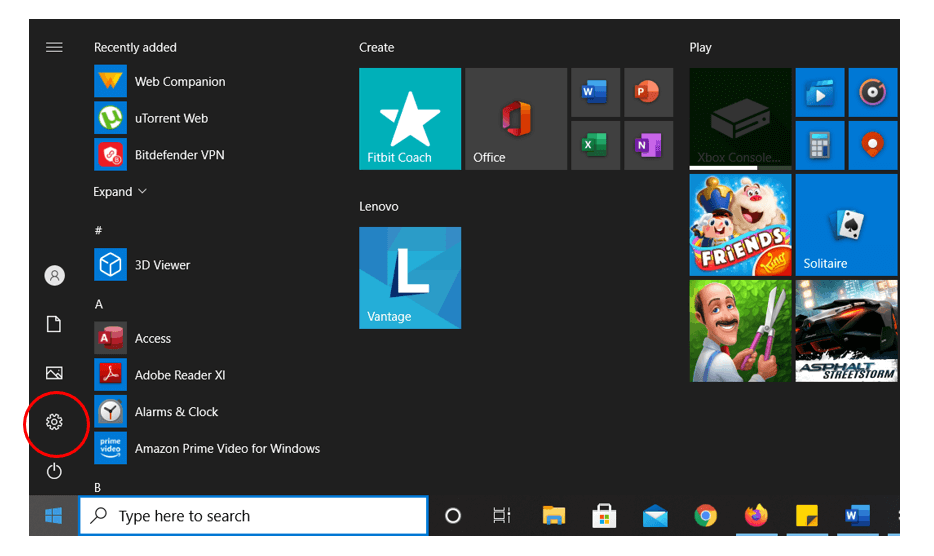 PC Settings through the Start Menu
