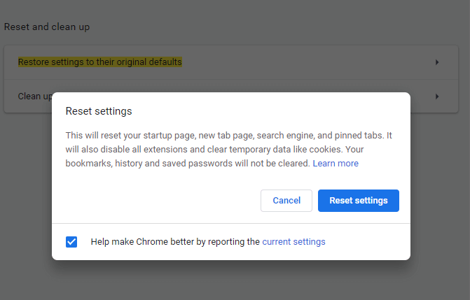 Reset setting